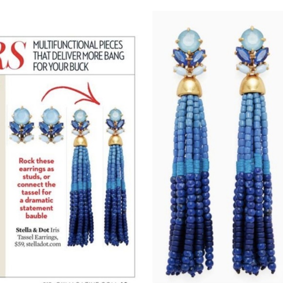 Stella & Dot | Cobalt + Turquoise Hand-beaded Iris Tassel Statement Earr… - Picture 3 of 9